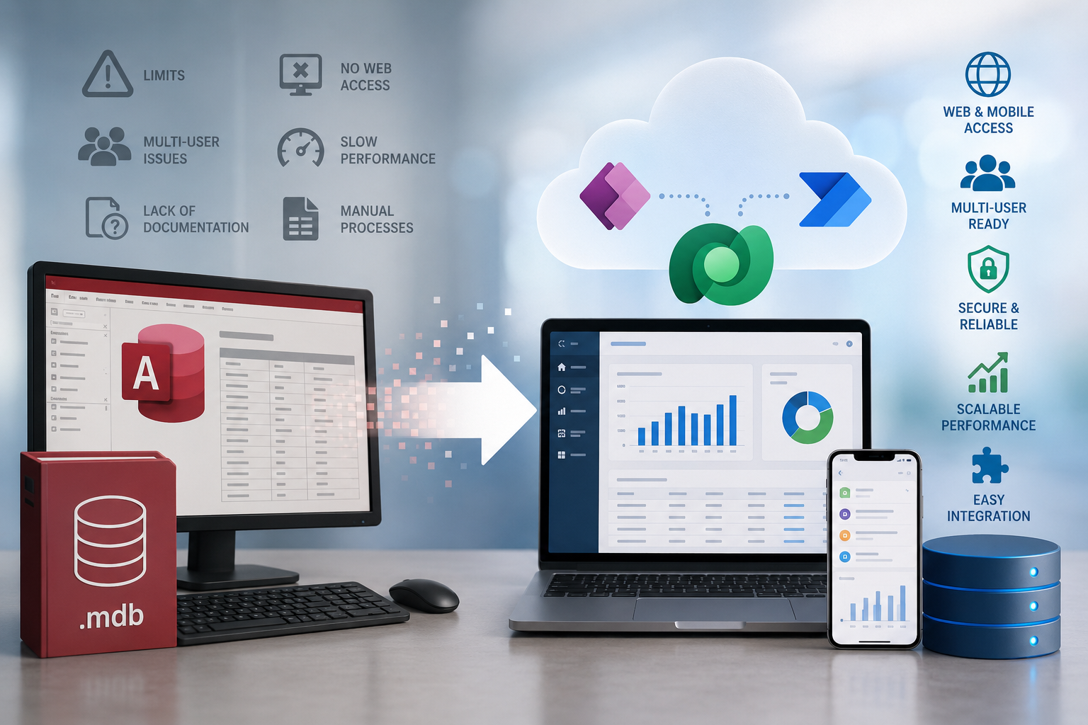 Microsoft Access database file dissolving into a modern web application and cloud database on a dark navy background with mint accents