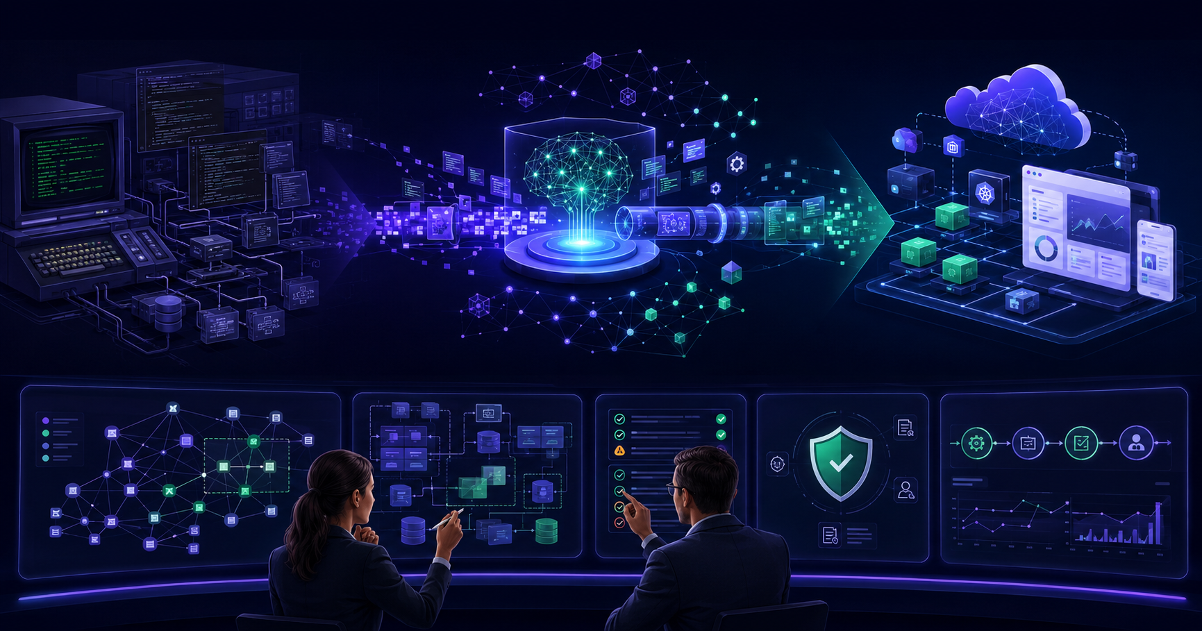 Editorial illustration of AI-assisted legacy modernisation — a mainframe server transformed through a mint-green neural network overlay into a modern cloud dashboard, on a dark navy background