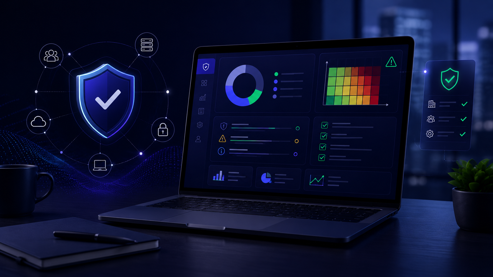 IT risk assessment dashboard on a laptop showing a likelihood-vs-impact heat map, risk gauges and compliance checklist, with a glowing shield, padlock, server and cloud icons on a dark navy background