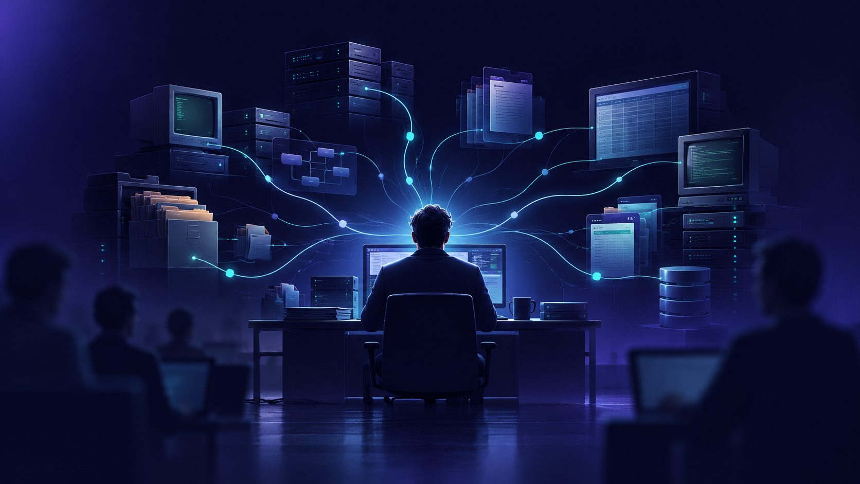 Concept illustration of key-person dependency — one person at a desk at the centre, with legacy servers, documents and databases all connected to them by glowing lines
