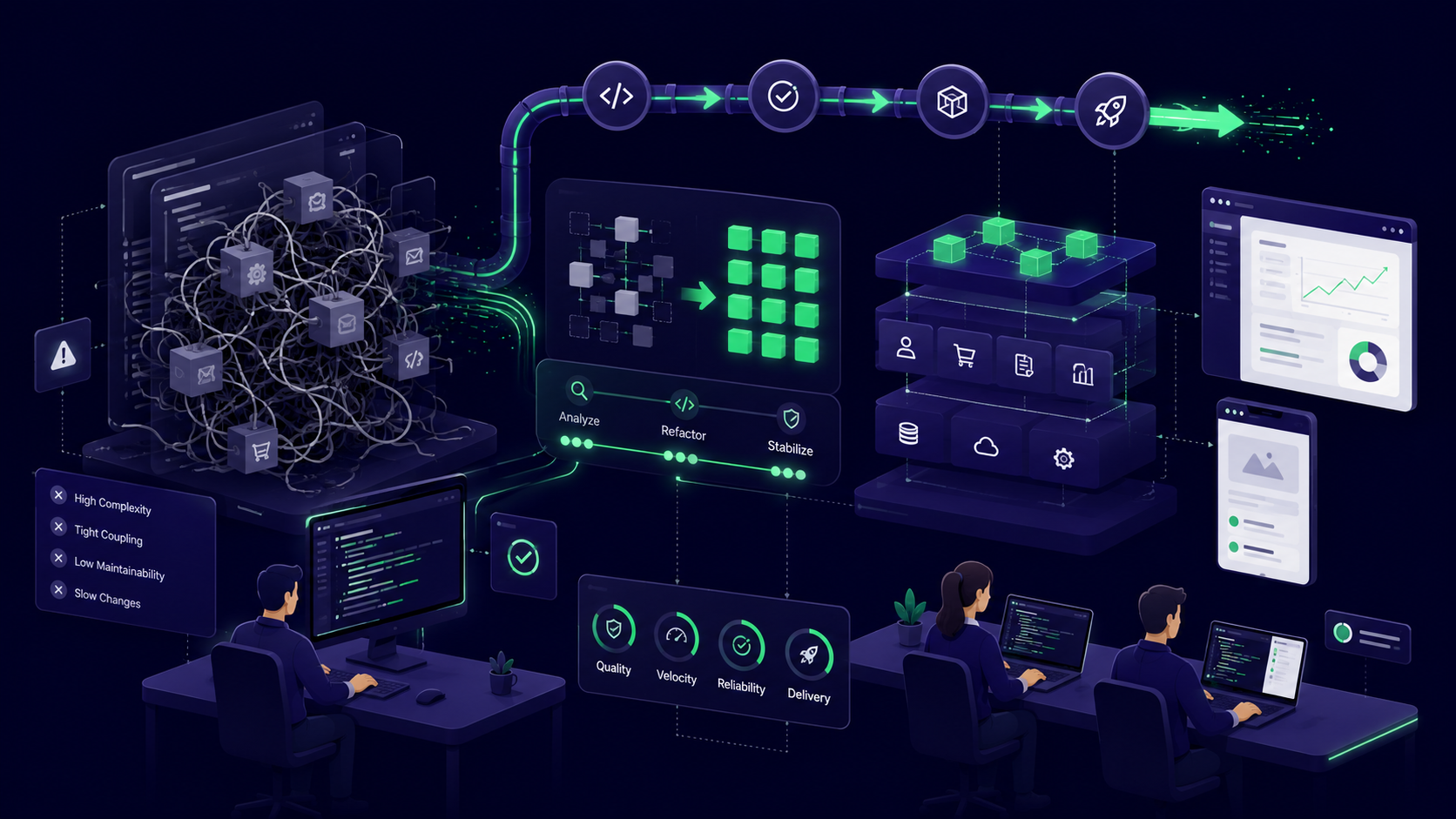 Editorial illustration of how to manage technical debt: a tangled legacy codebase on the left being analysed, refactored and stabilised into clean modular services, dashboards and delivery pipelines, on a dark navy background with mint accents