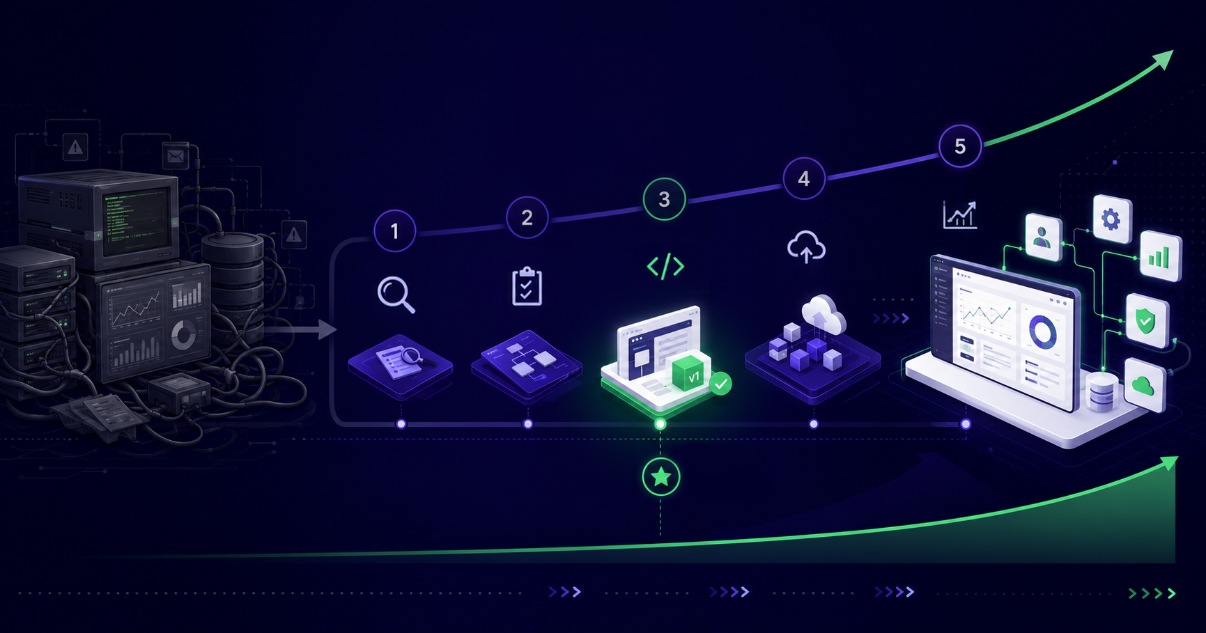 Editorial illustration of a five-phase legacy modernisation timeline rising from a legacy server stack to a modern cloud dashboard, on a dark navy background with mint accents
