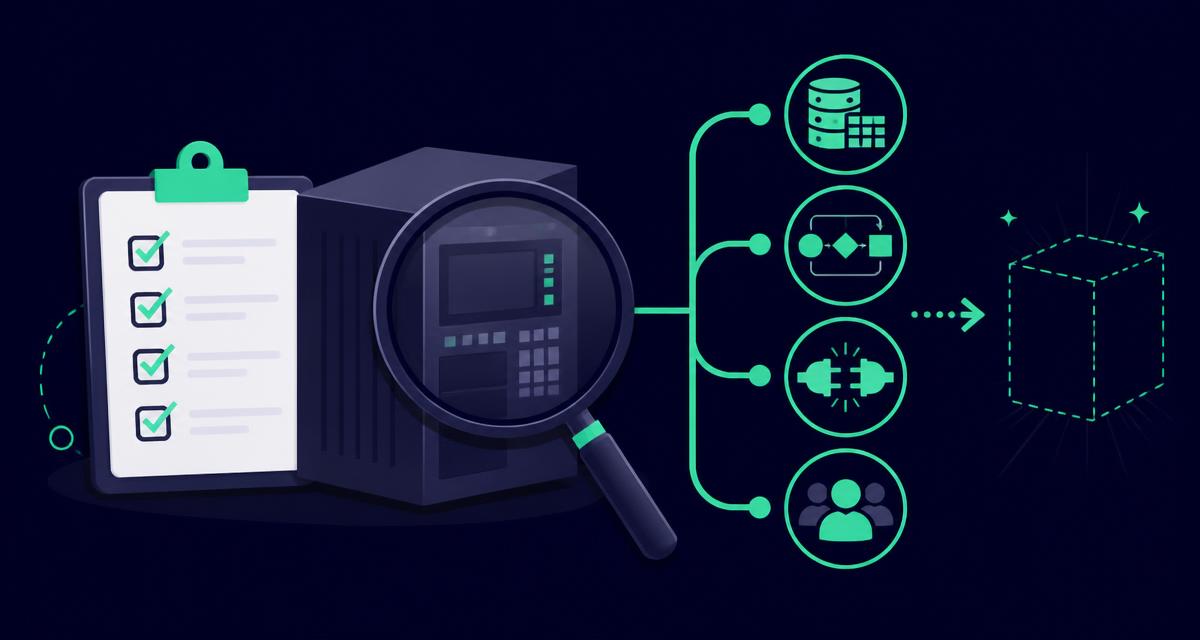 Editorial illustration of a pre-replacement legacy software checklist: a clipboard and magnifying glass over a legacy system connected by mint lines to data, workflow, integration and people icons, on a dark navy background