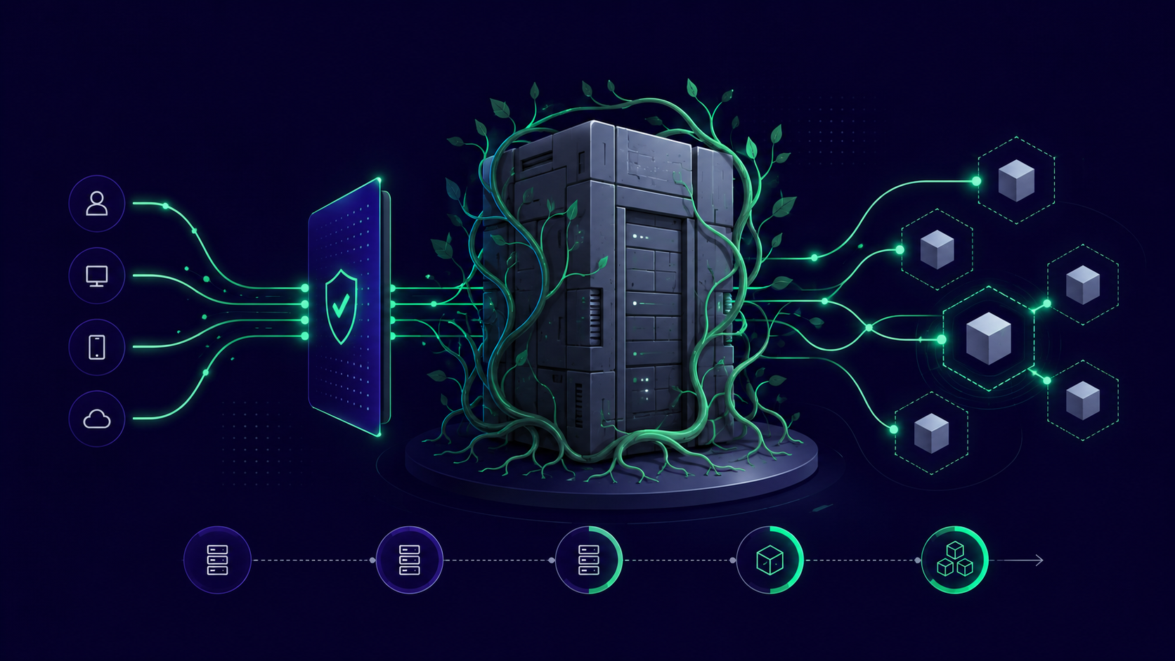 Editorial illustration of a strangler fig tree wrapping around a hollow legacy computer-tree with modern modular cloud components, on a dark navy background with mint accents